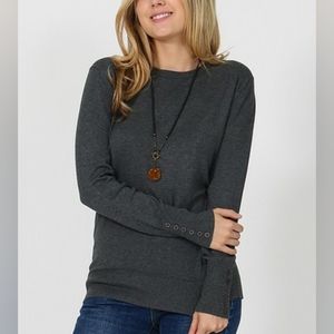 Button-Cuff Crewneck Sweater